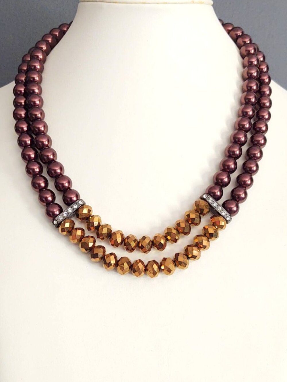Metallic brown and gold beaded necklace with cz accents